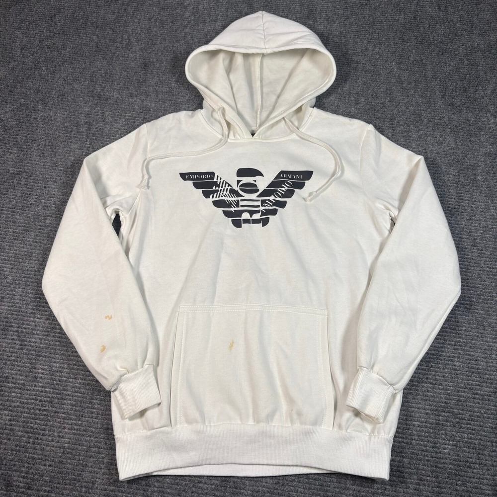 Giorgio Armani Hoodie Mens XXL White Good Graphic Eagle Logo Pullover Hooded